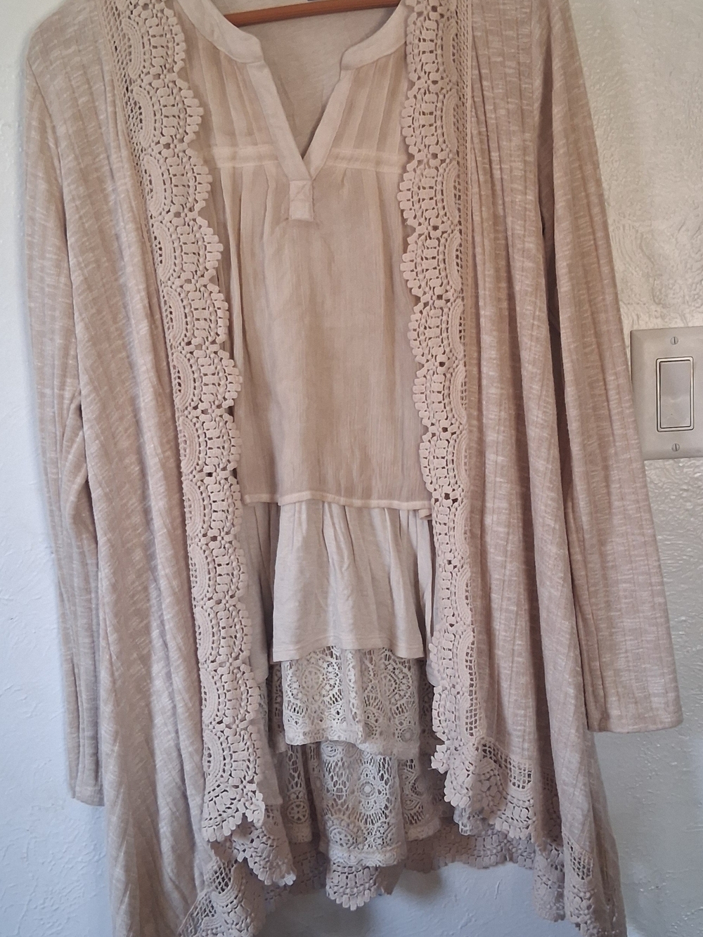 Artesia Boho Lace-Trim Layered Cardigan Set With Tank Top in Light Beige